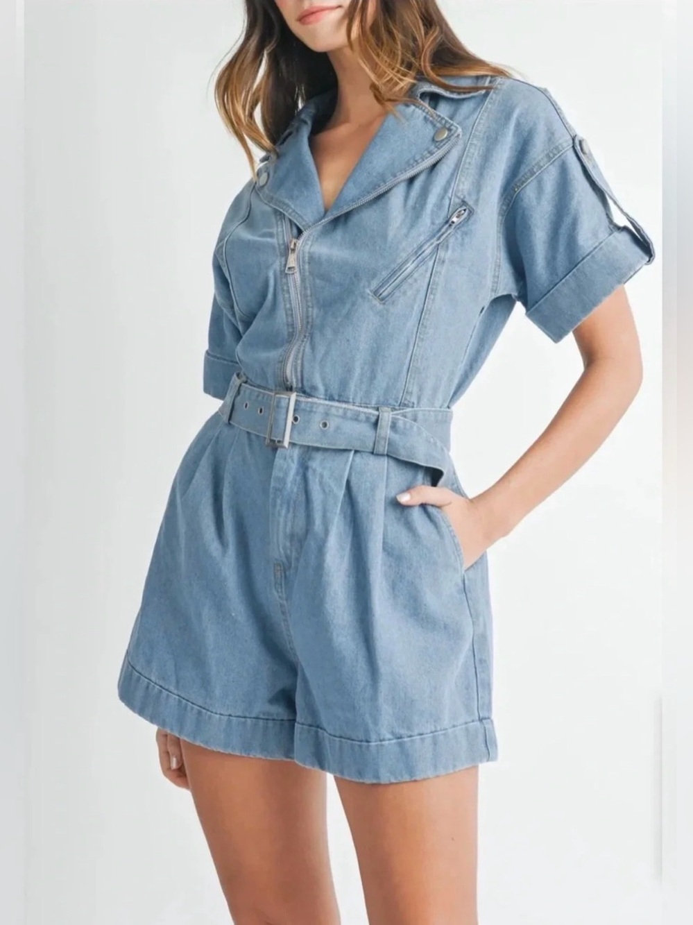 NWT MABLE Light Blue Denim Short Romper with Belt